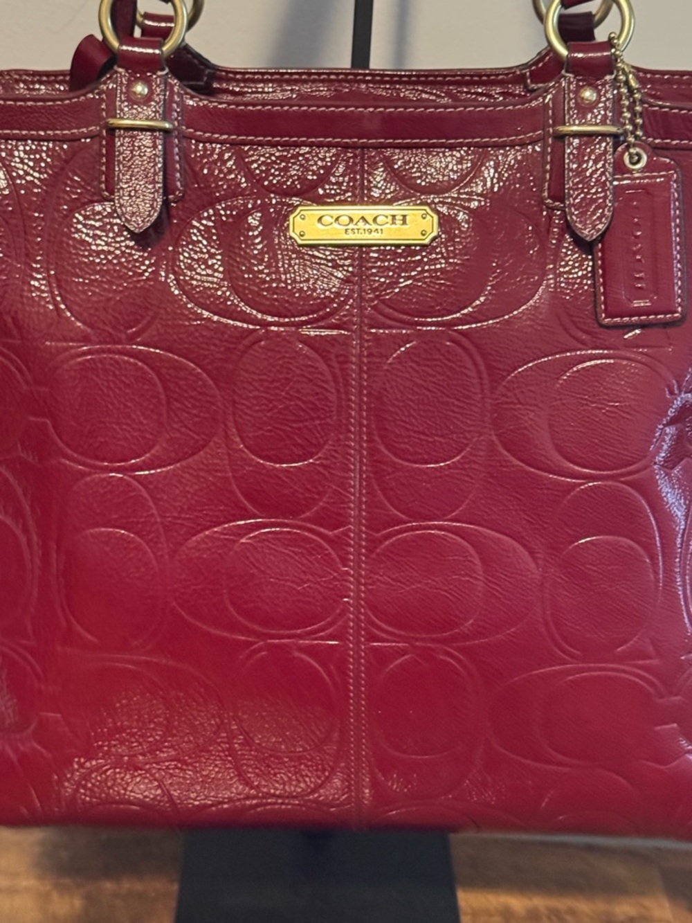 Coach Madison Optic Art Patent Leather Burgundy Tote - Picture 2 of 7